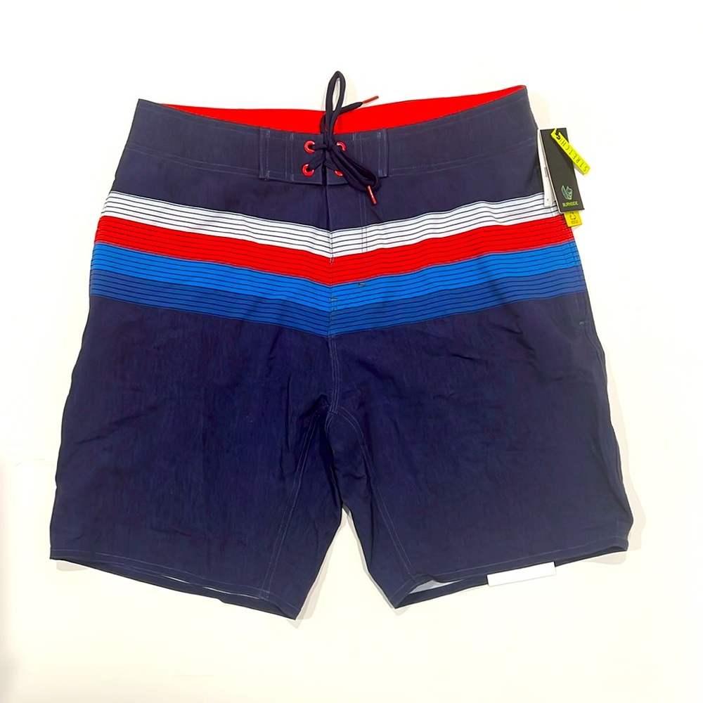 Burnside Men’s Boardshorts Size 32W Navy Striped UV protection 8” inseam Swim